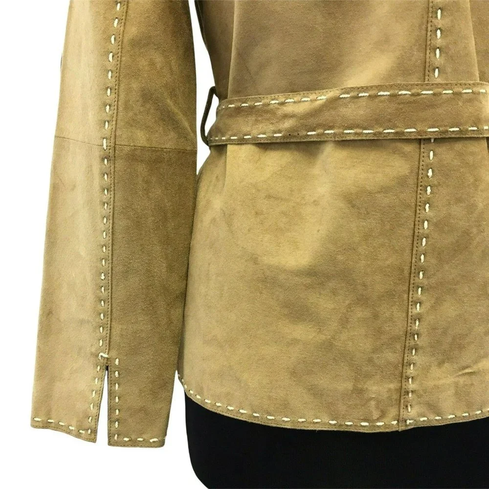 INC Coat M Brown Tan Genuine Leather Belted Boho Womens - Picture 7 of 12
